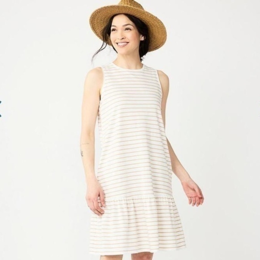 Women's Sonoma Plus Size Beige Striped Knit Tank Ruffle Hem Mini Sun Dress